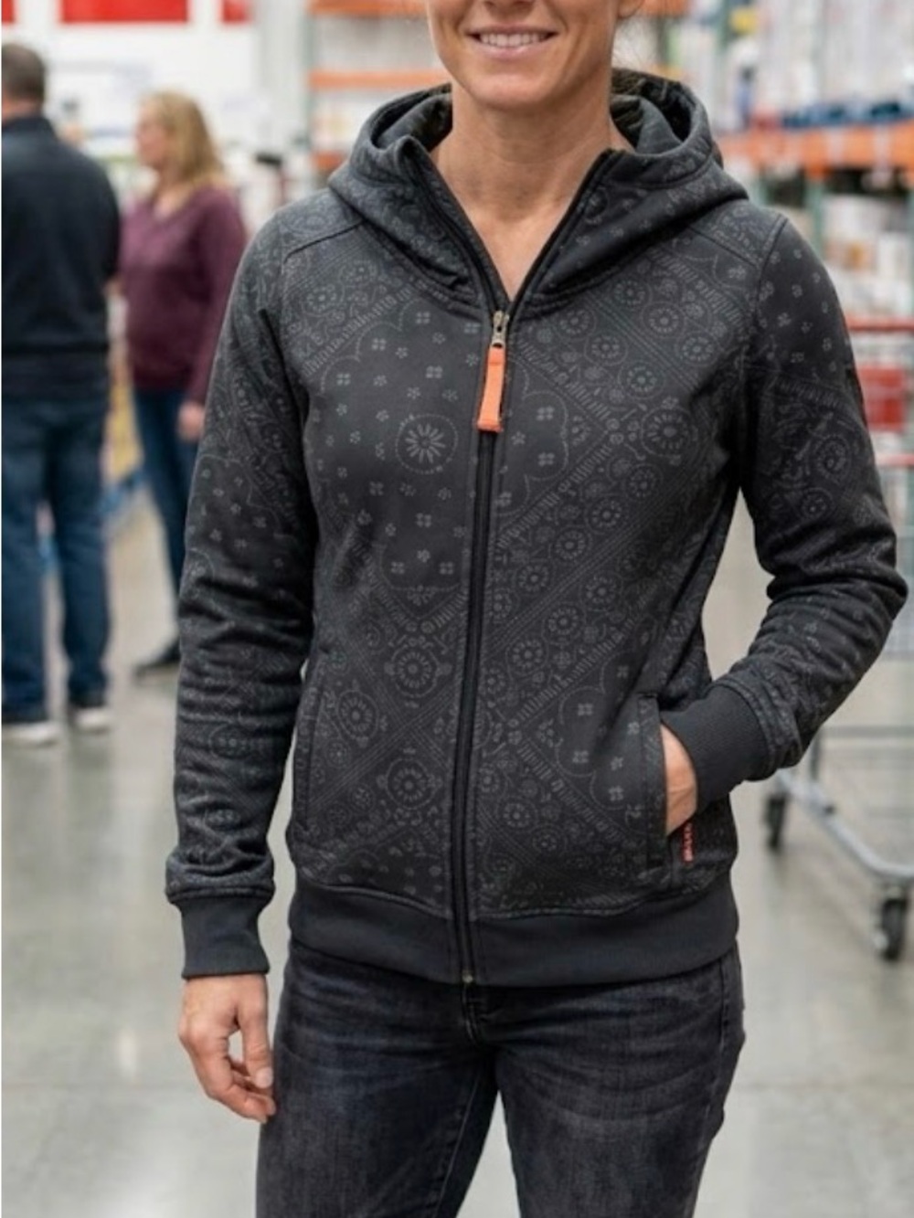 Black Zip-Up billabong Hoodie with Subtle Paisley Print